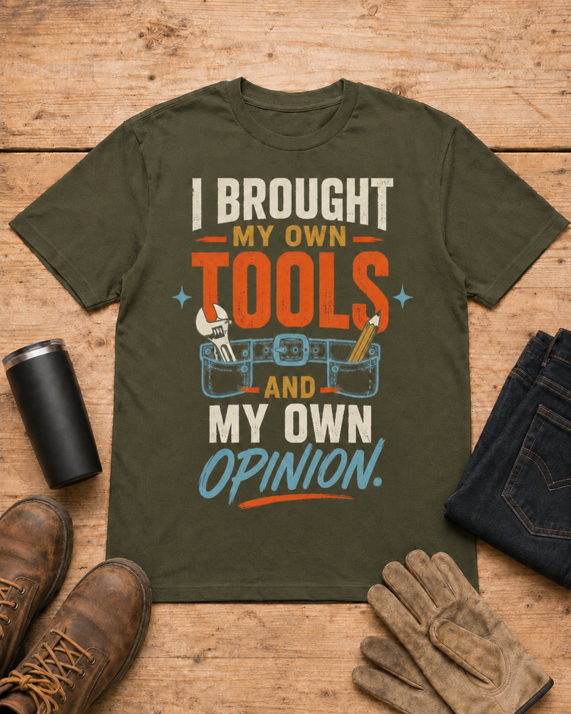 My Own Tools and My Own Opinion Tradeswoman Shirt in Military Green workbench flat lay