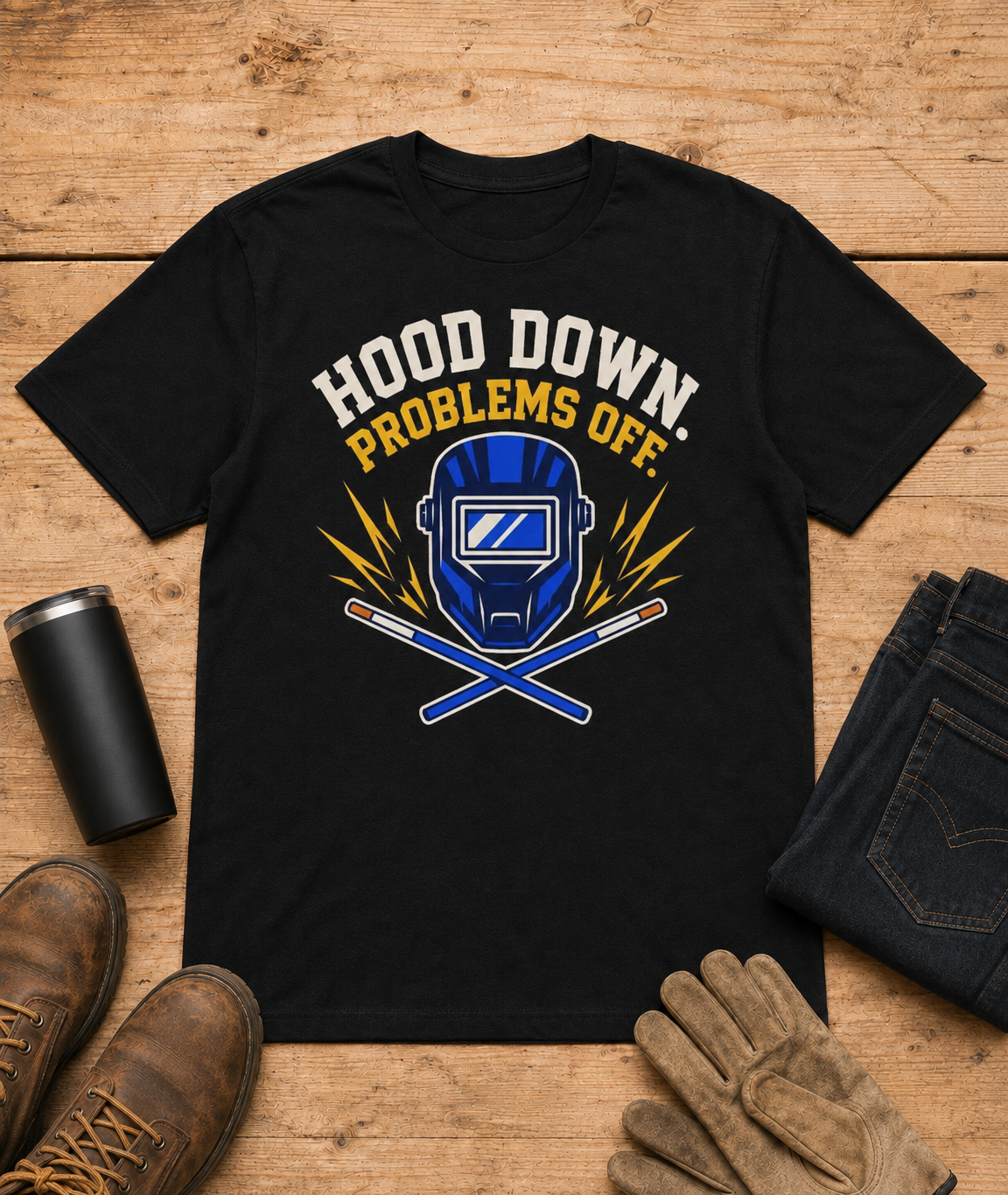 Hood Down Problems Off Welder Shirt in Black workbench flat lay