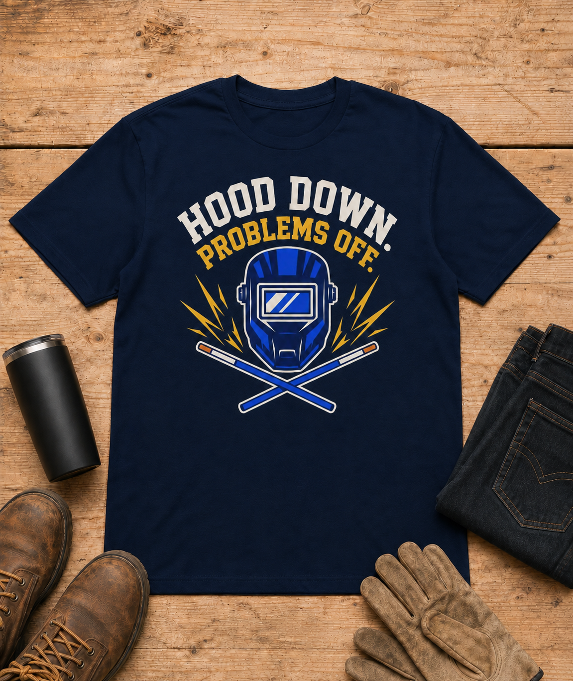 Hood Down Problems Off Welder Shirt in Navy workbench flat lay