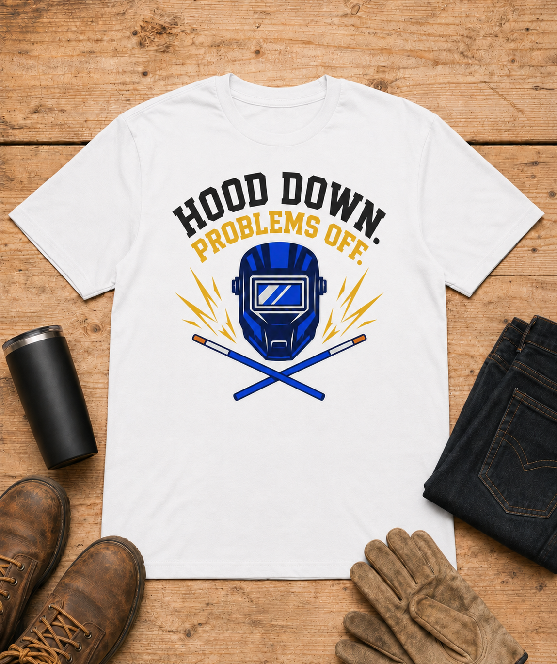 Hood Down Problems Off Welder Shirt in White workbench flat lay