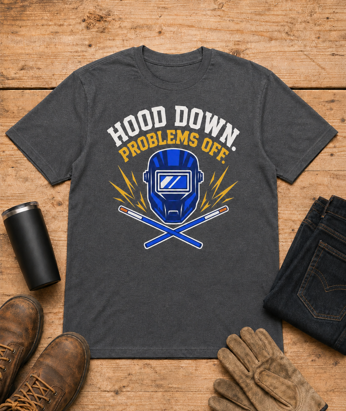 Hood Down Problems Off Welder Shirt in Dark Heather workbench flat lay