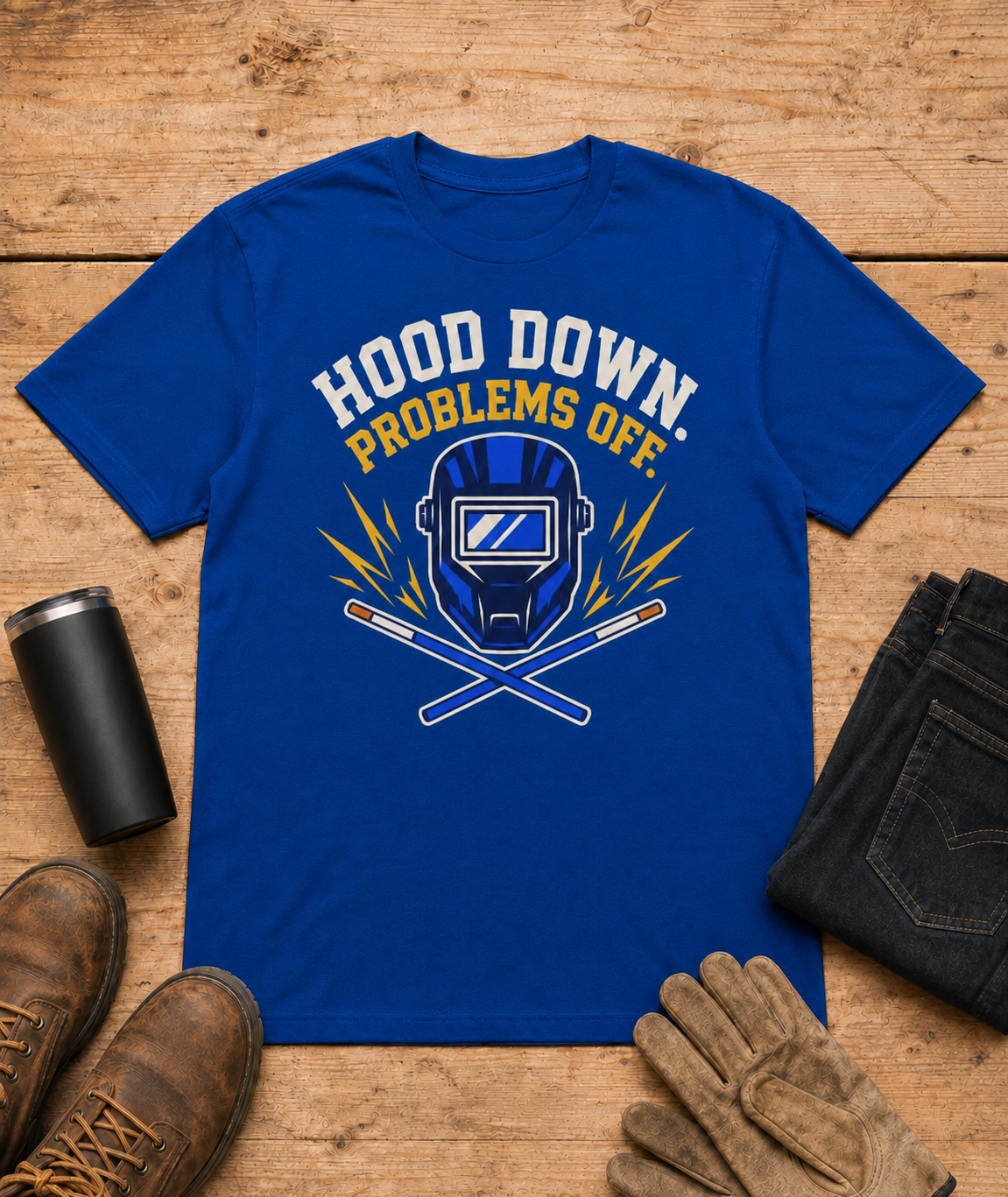 Hood Down Problems Off Welder Shirt in Royal Blue workbench flat lay