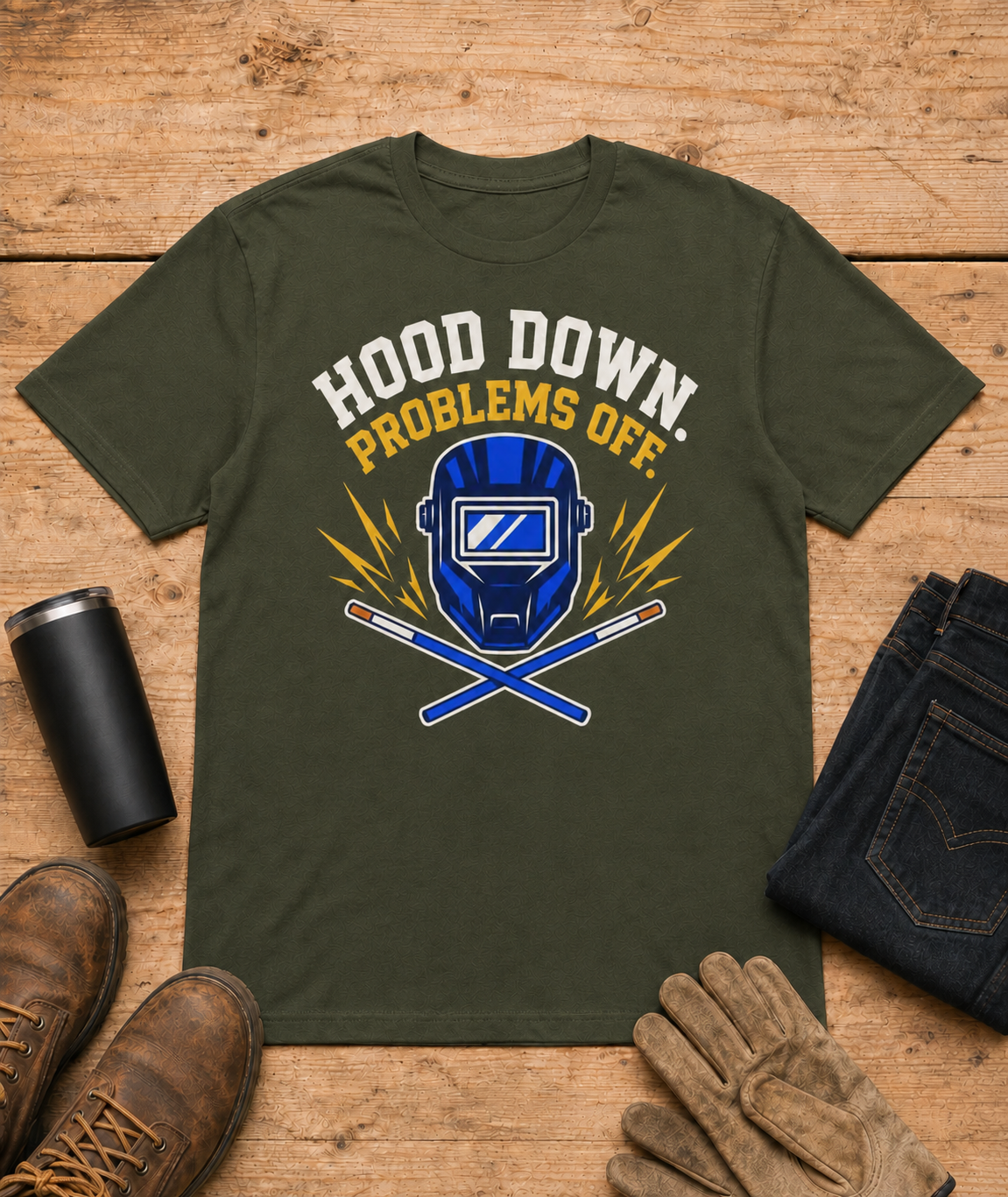 Hood Down Problems Off Welder Shirt in Military Green workbench flat lay