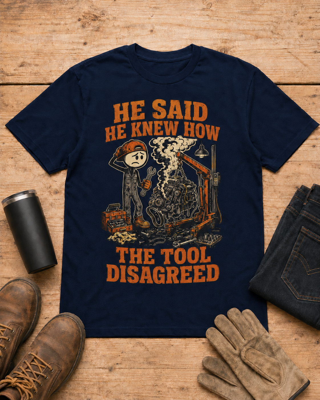 He Said He Knew How Tool Disagreed Work Humor Shirt in Navy workbench flat lay