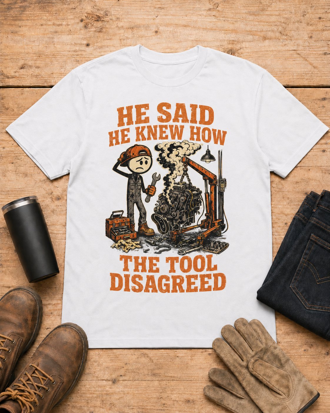 He Said He Knew How Tool Disagreed Work Humor Shirt in White workbench flat lay