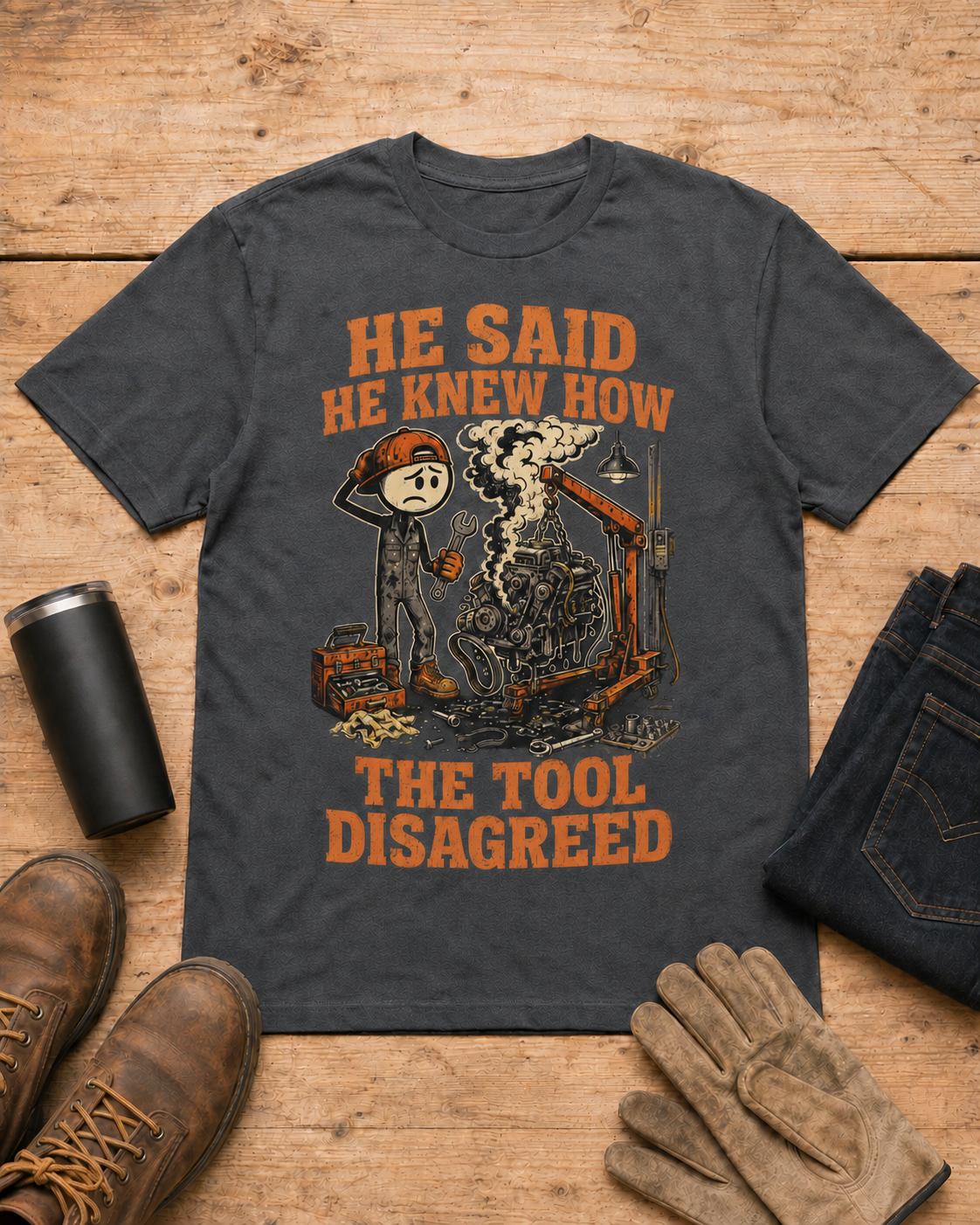 He Said He Knew How Tool Disagreed Work Humor Shirt in Dark Heather workbench flat lay