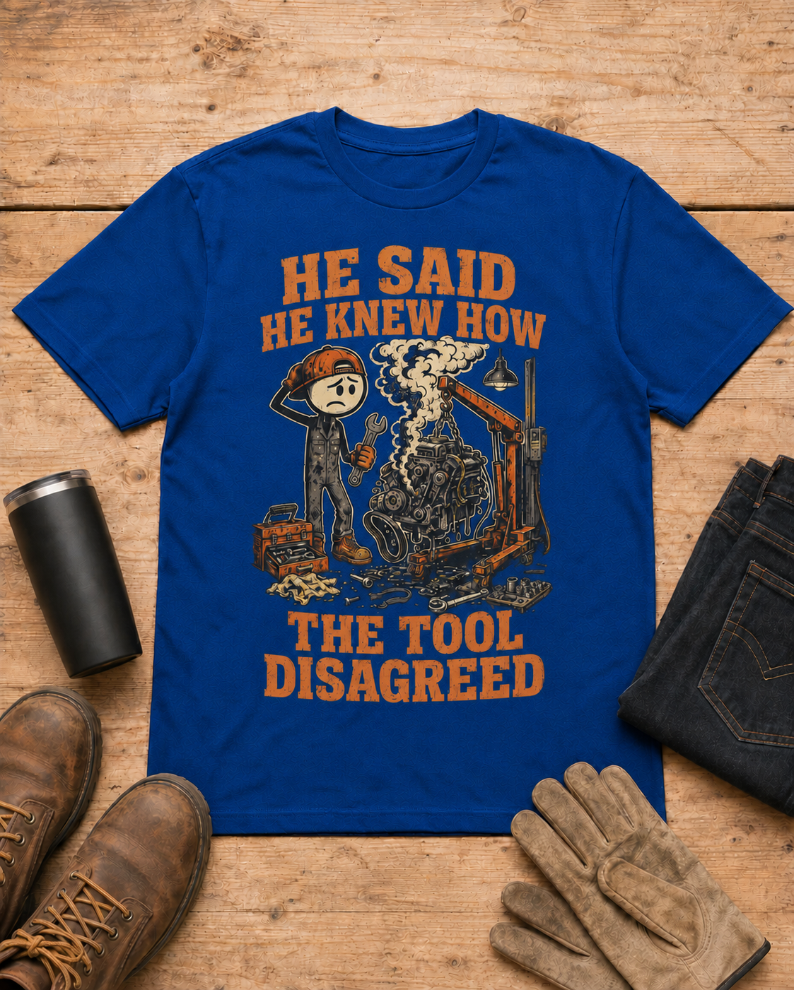 He Said He Knew How Tool Disagreed Work Humor Shirt in Royal Blue workbench flat lay