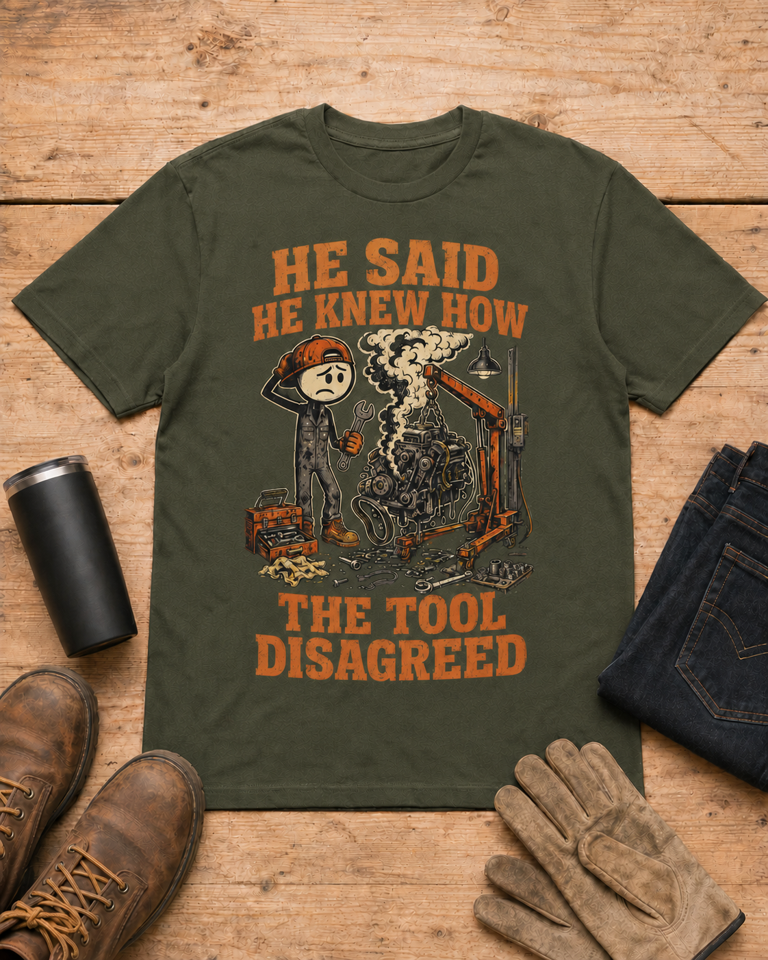 He Said He Knew How Tool Disagreed Work Humor Shirt in Military Green workbench flat lay