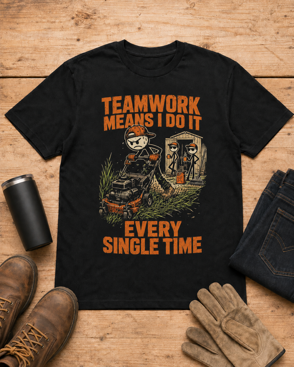 Teamwork Means I Do It Every Single Time Shirt in Black workbench flat lay