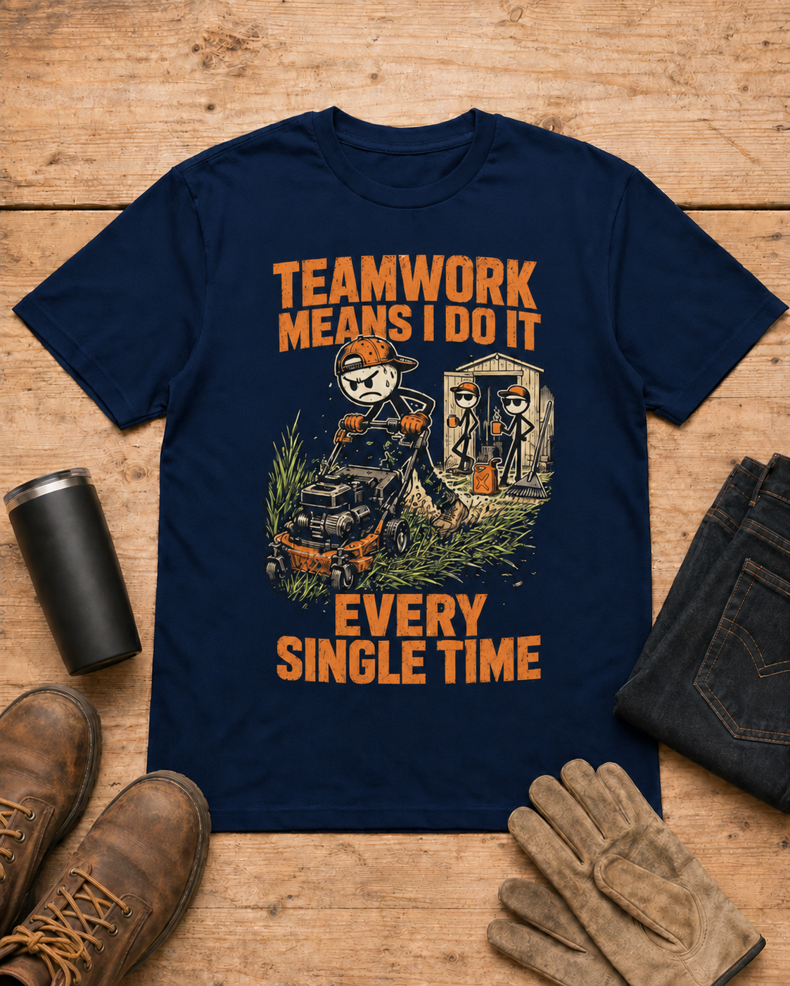 Teamwork Means I Do It Every Single Time Shirt in Navy workbench flat lay