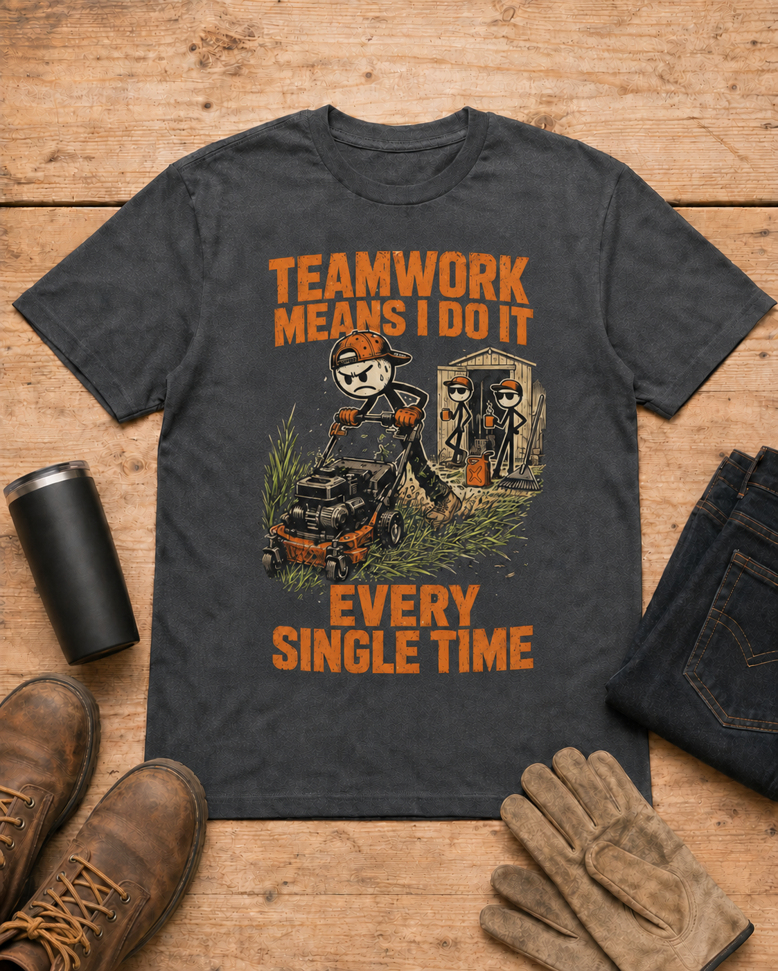 Teamwork Means I Do It Every Single Time Shirt in Dark Heather workbench flat lay