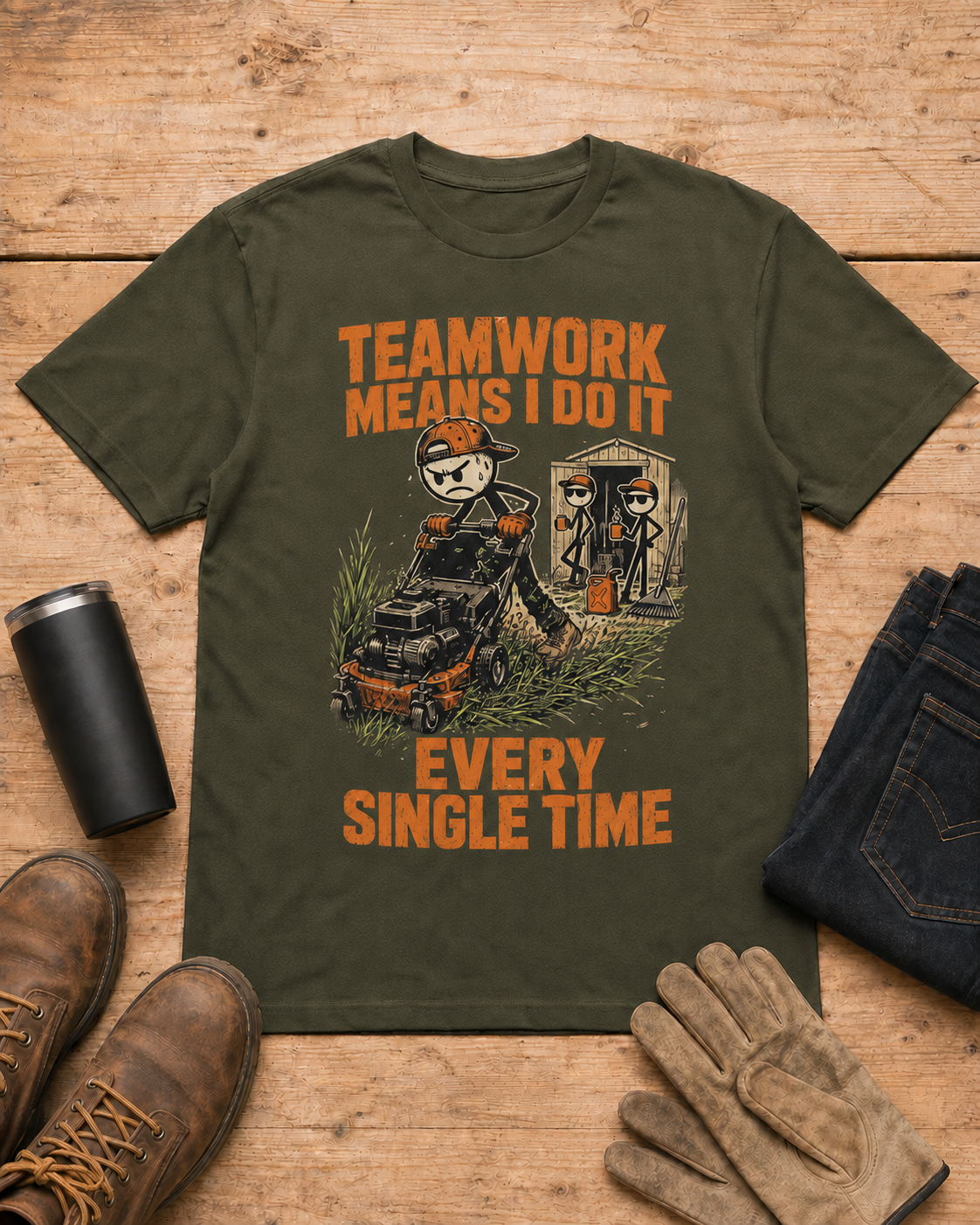 Teamwork Means I Do It Every Single Time Shirt in Military Green workbench flat lay