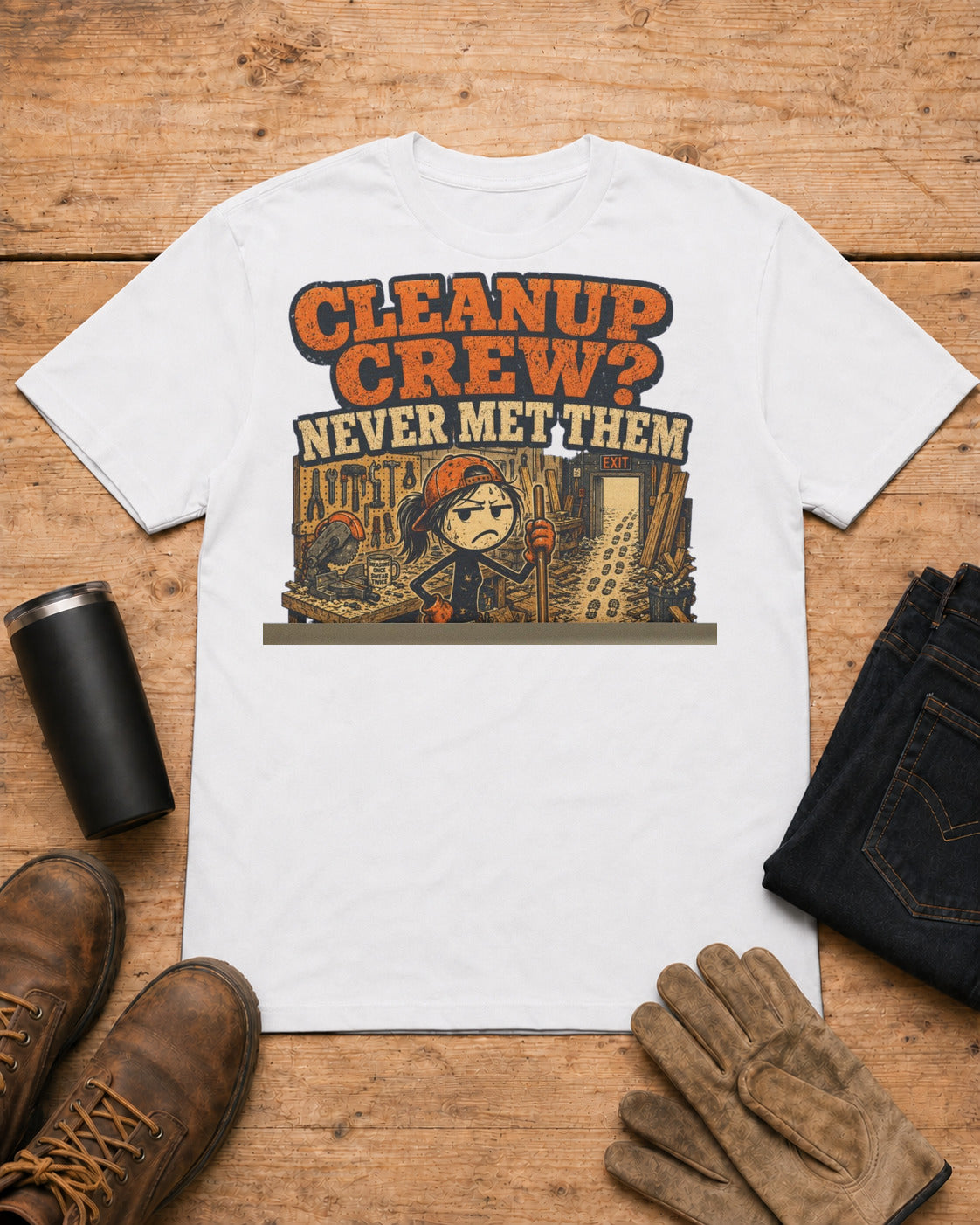 Cleanup Crew Never Met Them Work Humor Shirt in White workbench flat lay