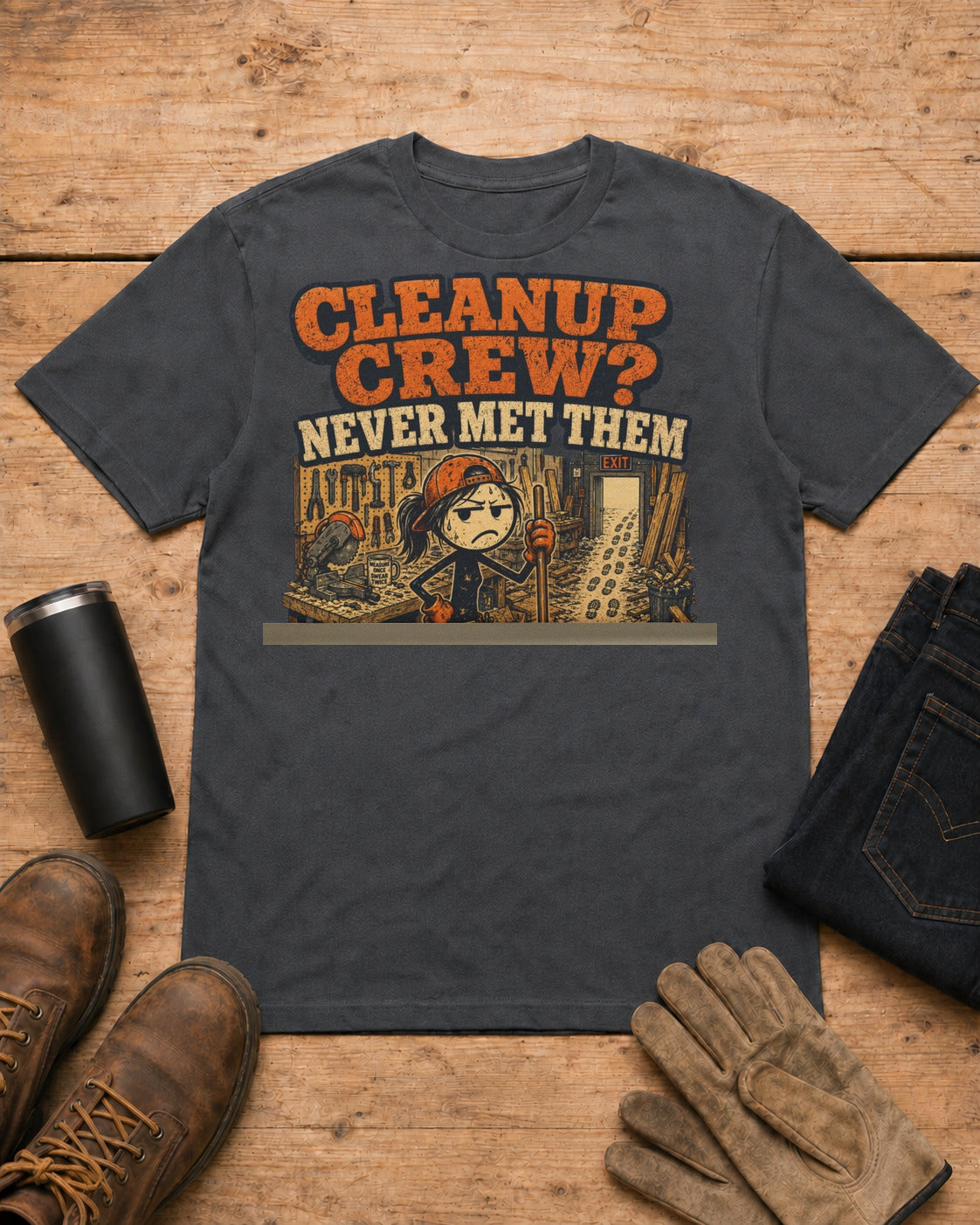 Cleanup Crew Never Met Them Work Humor Shirt in Dark Heather workbench flat lay
