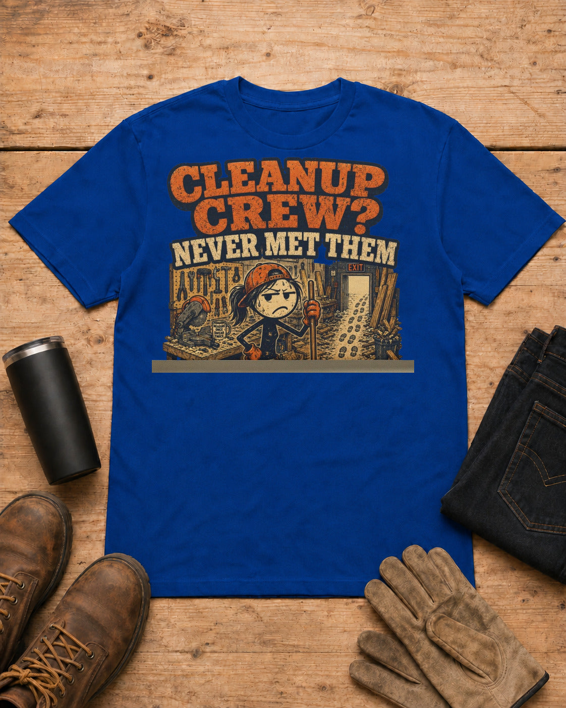 Cleanup Crew Never Met Them Work Humor Shirt in Royal Blue workbench flat lay