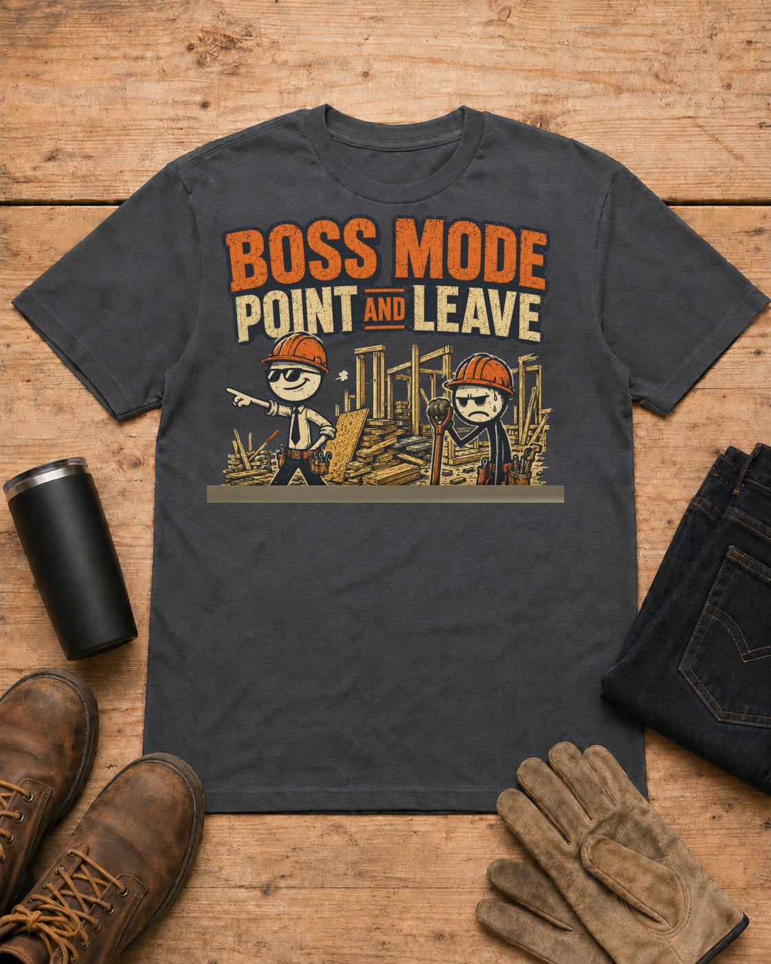 Boss Mode Point and Leave Supervisor Shirt in Dark Heather workbench flat lay
