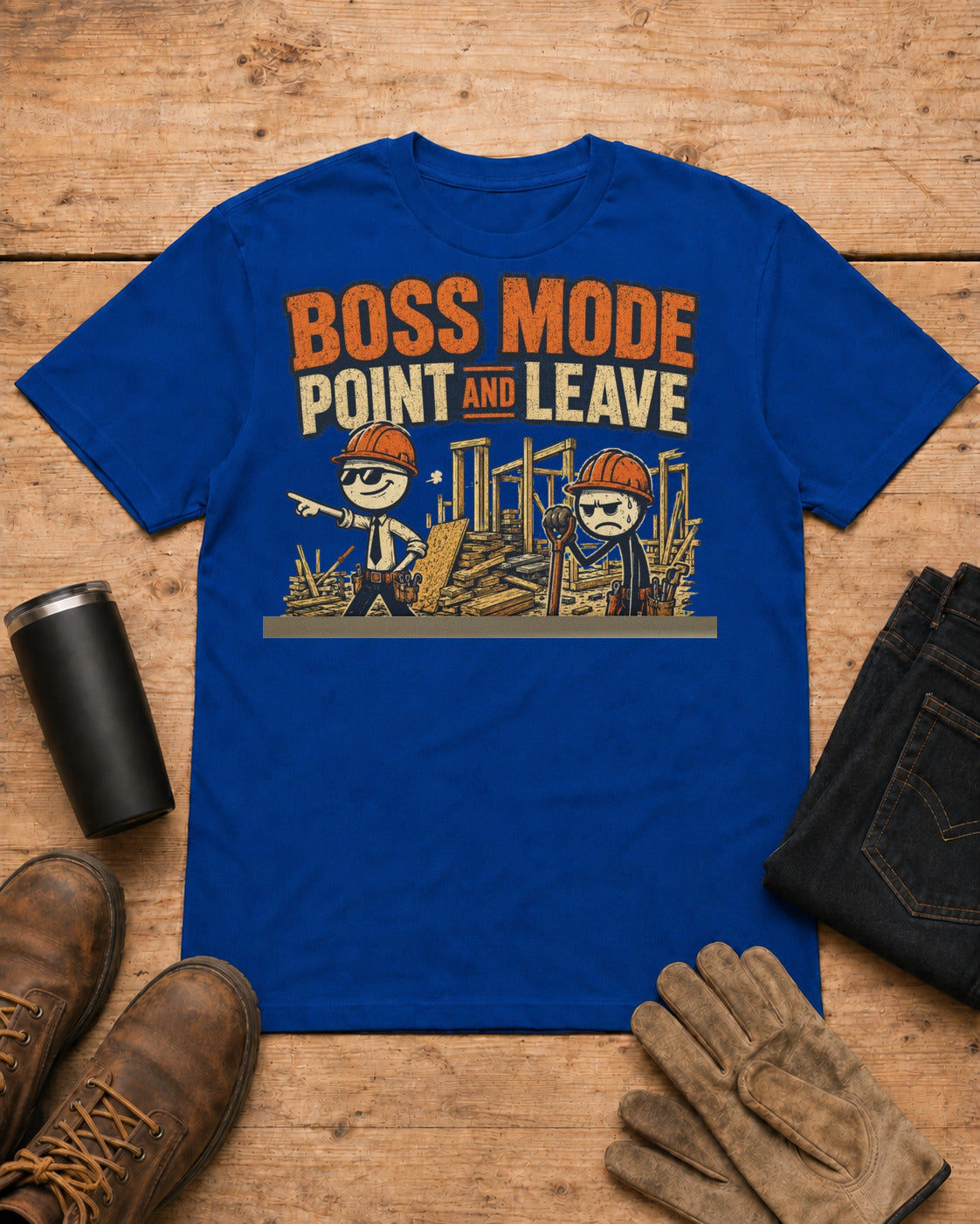 Boss Mode Point and Leave Supervisor Shirt in Royal Blue workbench flat lay