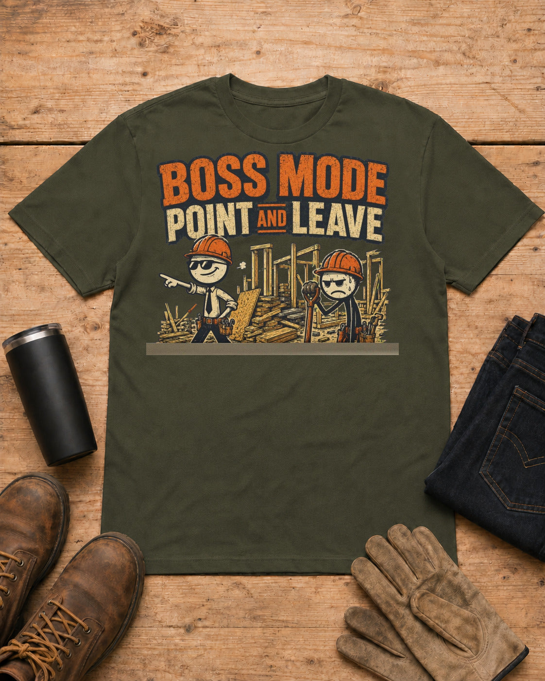 Boss Mode Point and Leave Supervisor Shirt in Military Green workbench flat lay