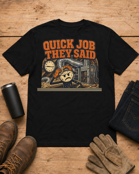 Quick Job They Said Three Hours Later Mechanic Shirt in Black workbench flat lay