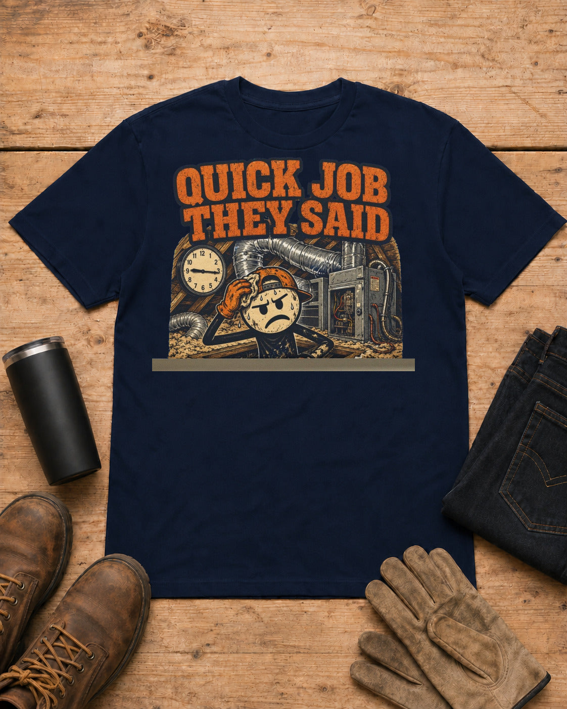 Quick Job They Said Three Hours Later Mechanic Shirt in Navy workbench flat lay