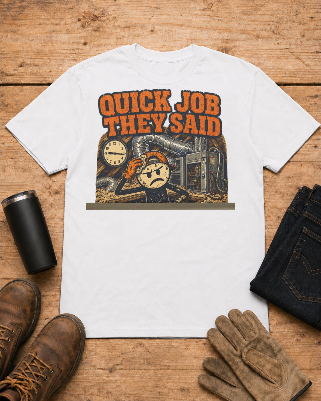 Quick Job They Said Three Hours Later Mechanic Shirt in White workbench flat lay