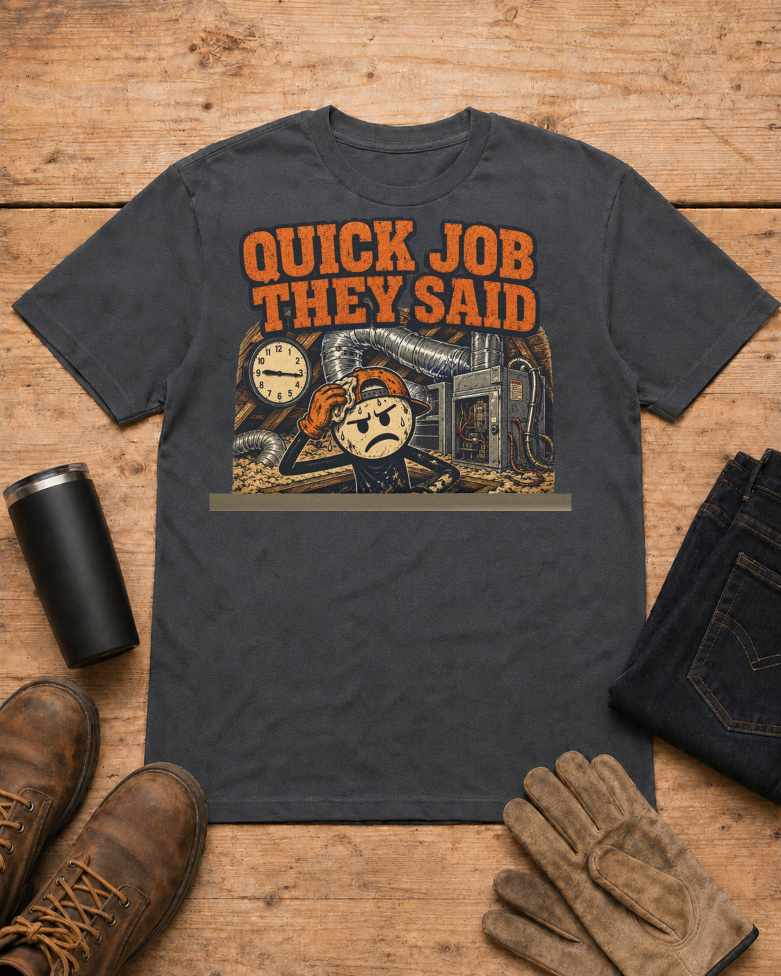 Quick Job They Said Three Hours Later Mechanic Shirt in Dark Heather workbench flat lay