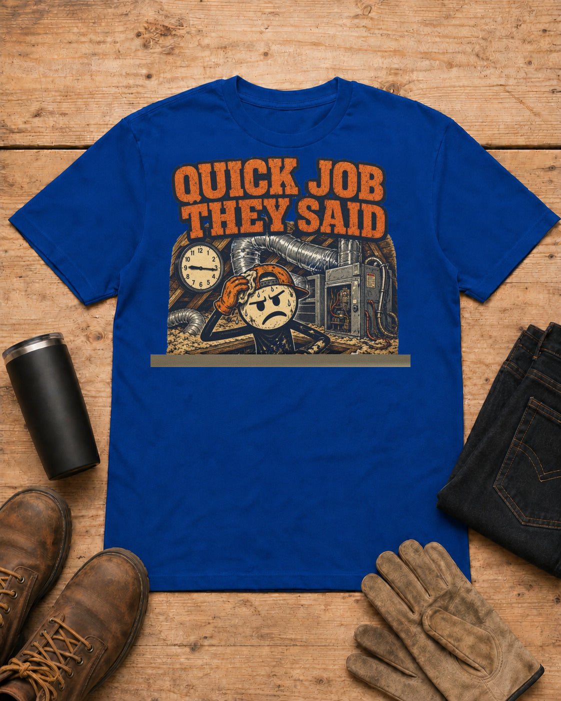 Quick Job They Said Three Hours Later Mechanic Shirt in Royal Blue workbench flat lay