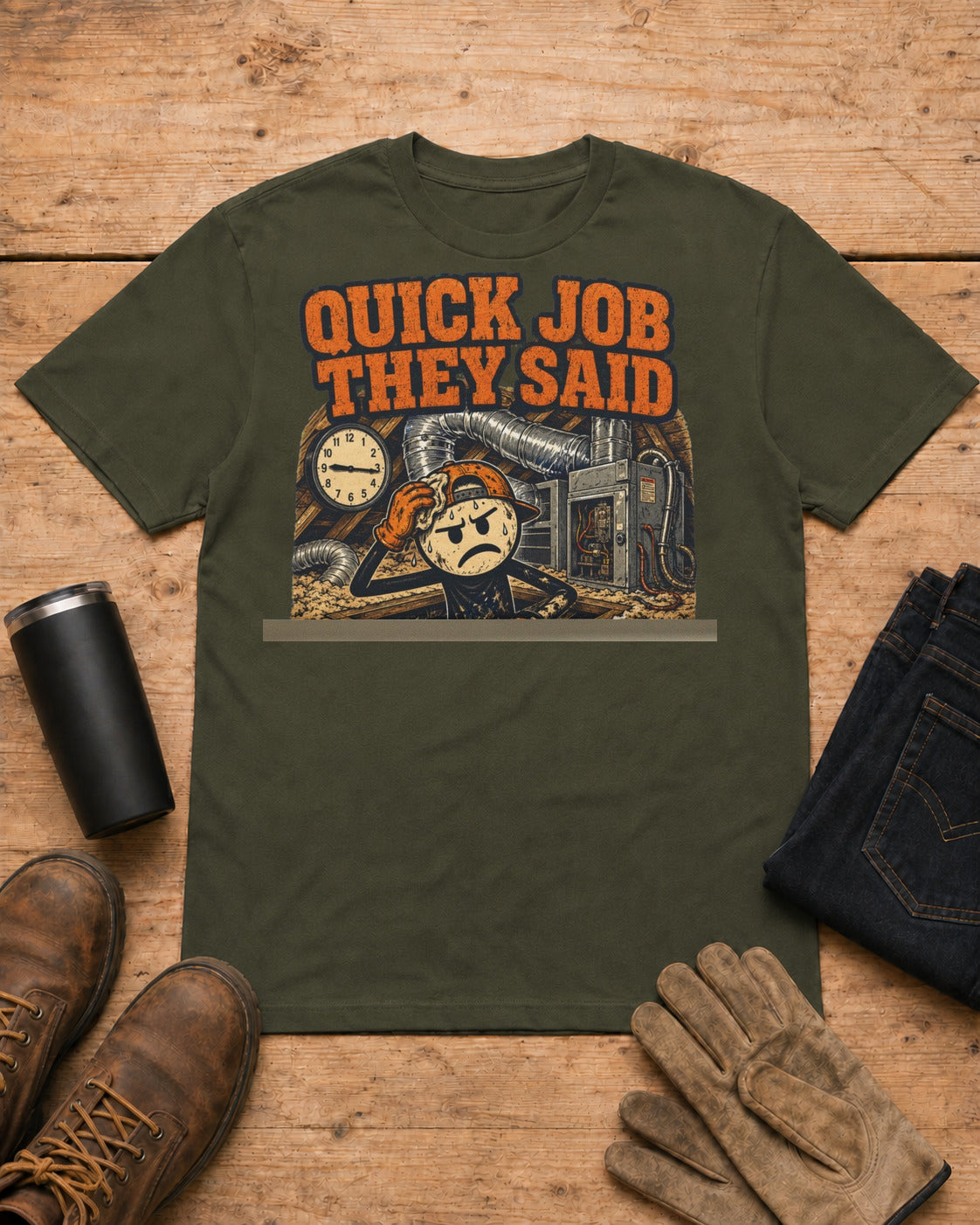 Quick Job They Said Three Hours Later Mechanic Shirt in Military Green workbench flat lay