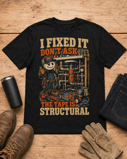 I Fixed It Don’t Ask Mechanic Shirt in Black workbench flat lay