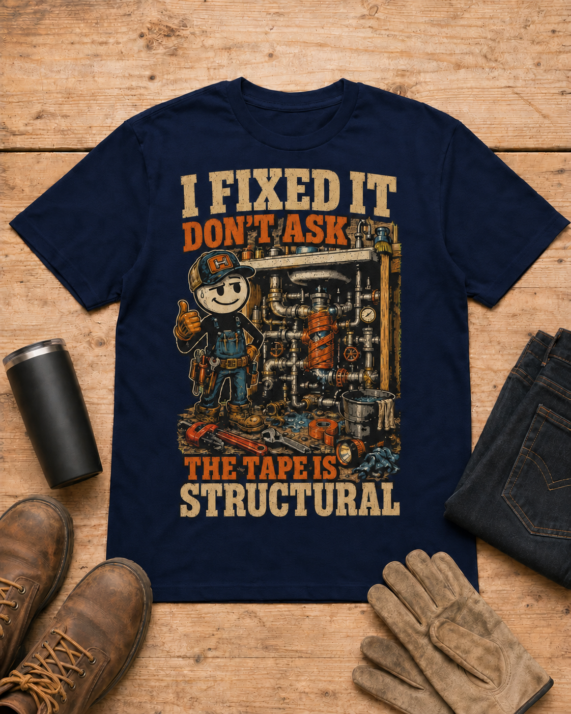 I Fixed It Don’t Ask Mechanic Shirt in Navy workbench flat lay