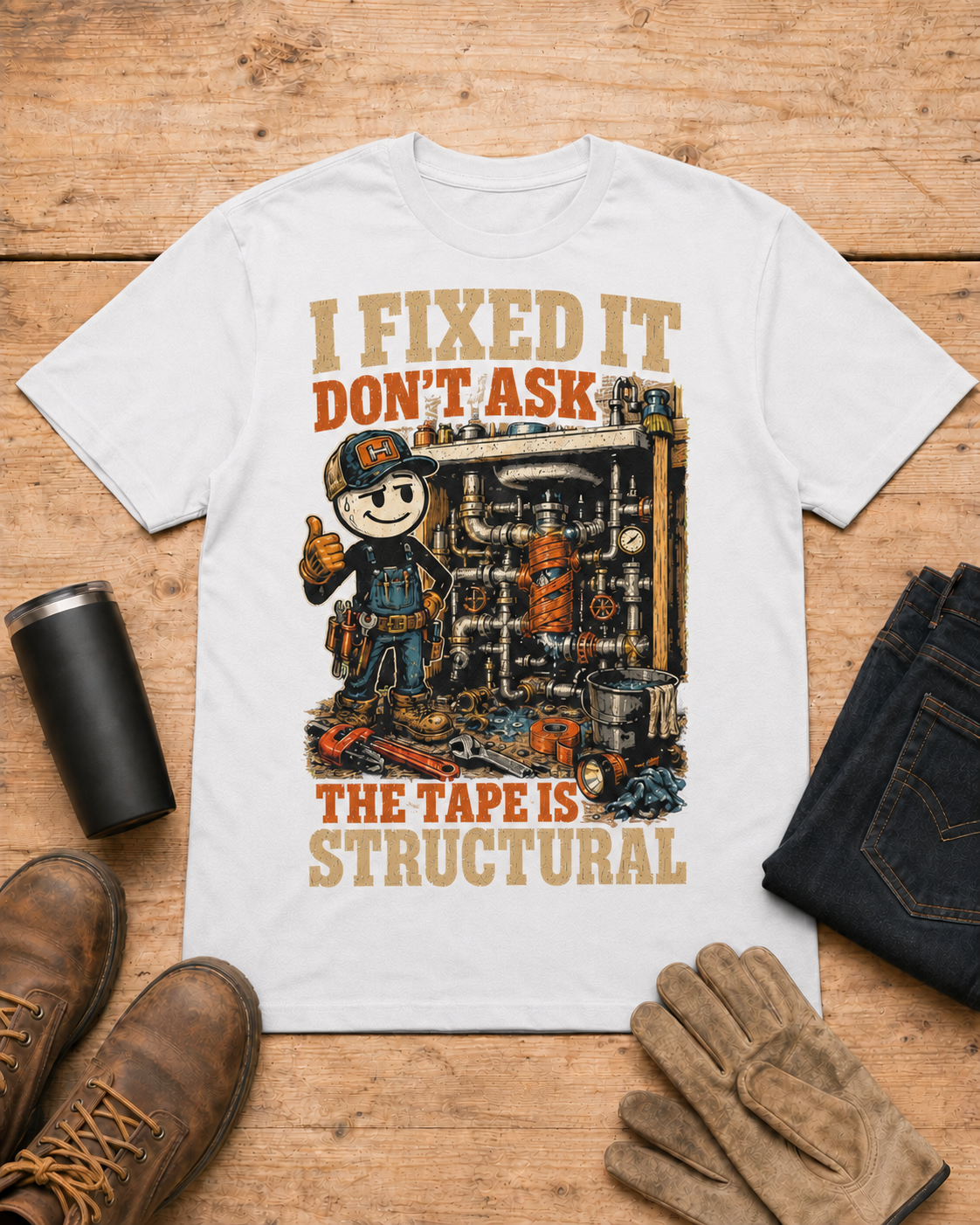 I Fixed It Don’t Ask Mechanic Shirt in White workbench flat lay