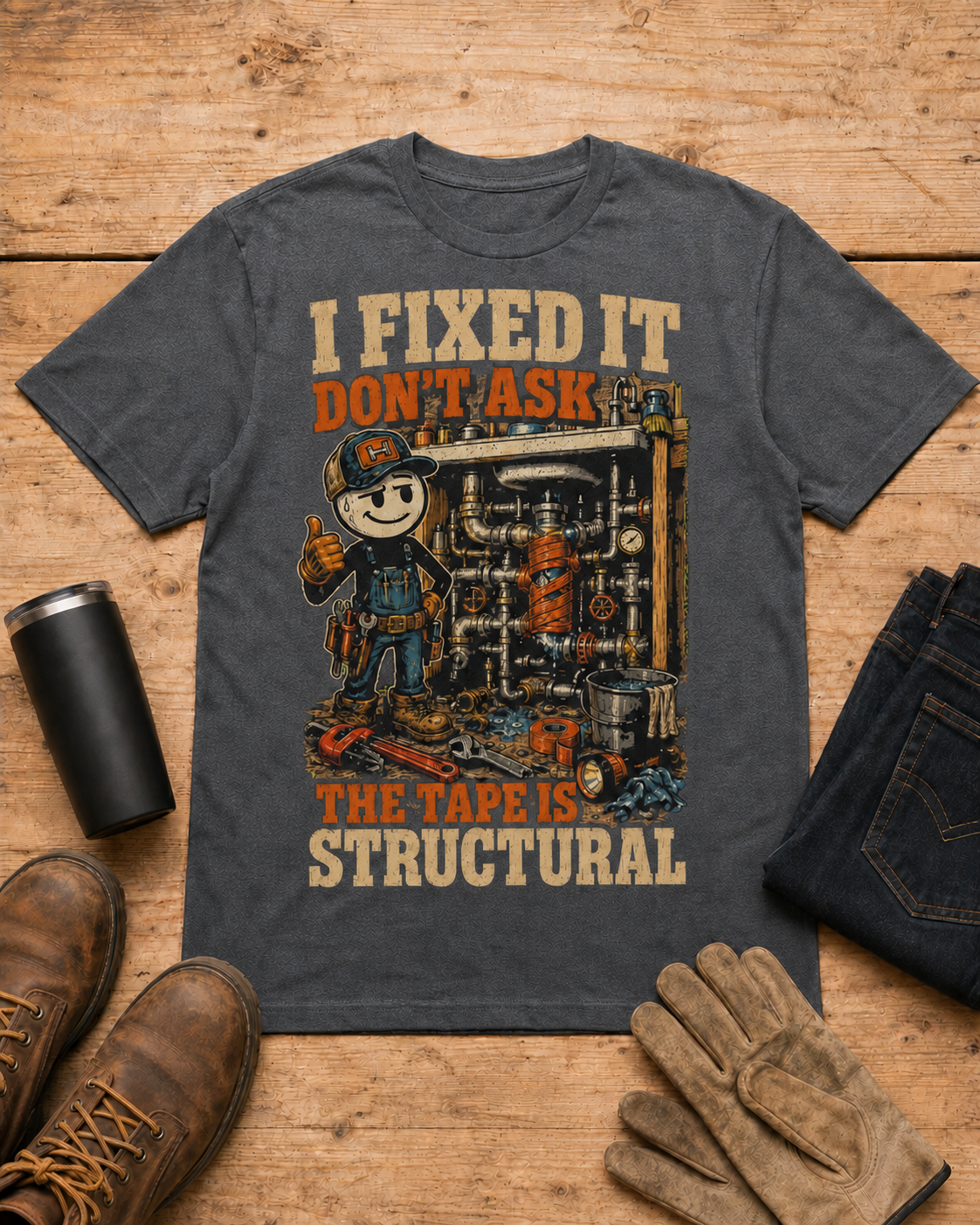 I Fixed It Don’t Ask Mechanic Shirt in Dark Heather workbench flat lay