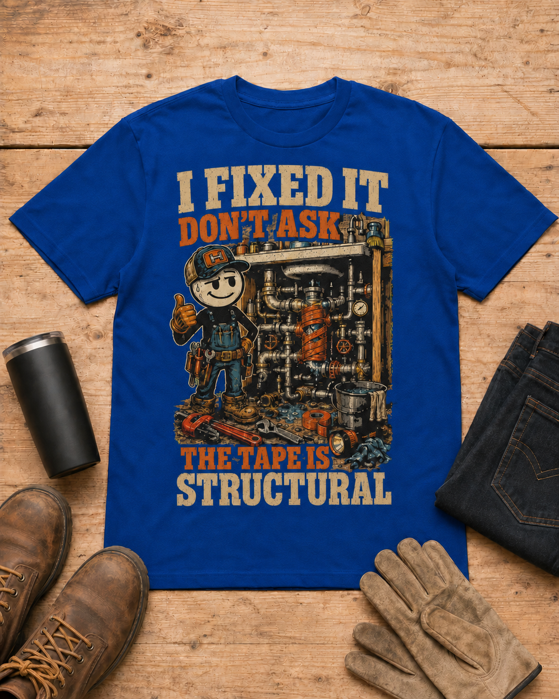 I Fixed It Don’t Ask Mechanic Shirt in Royal Blue workbench flat lay
