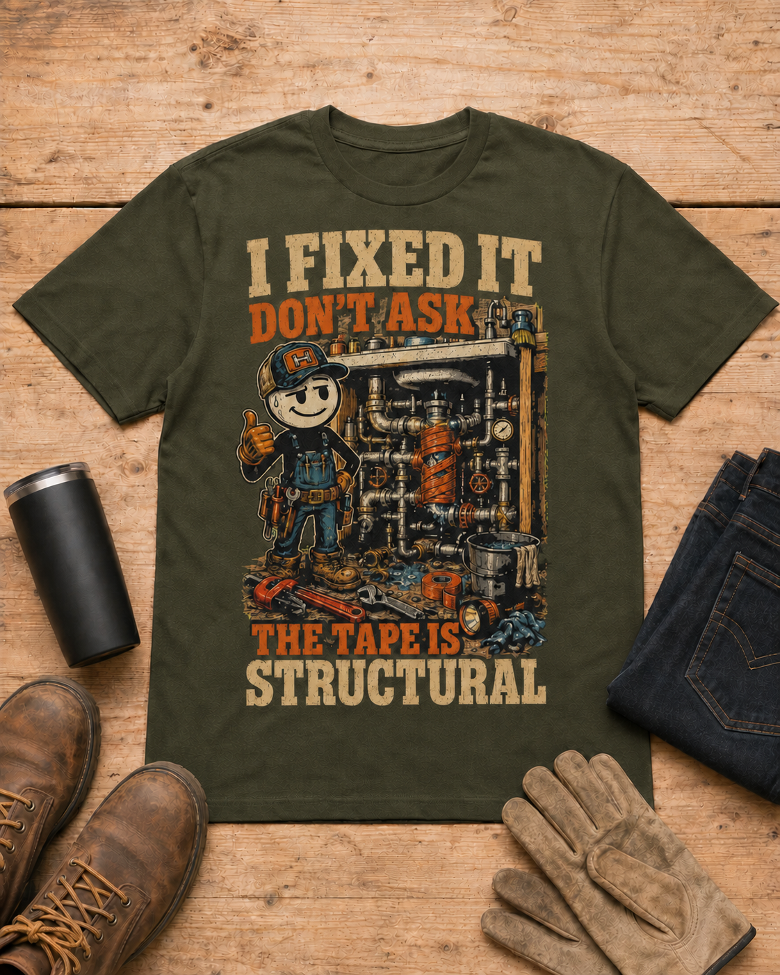 I Fixed It Don’t Ask Mechanic Shirt in Military Green workbench flat lay