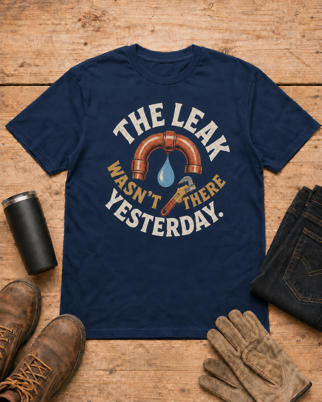 The Leak Wasn't There Yesterday Plumber T-shirt in Navy workbench flat lay