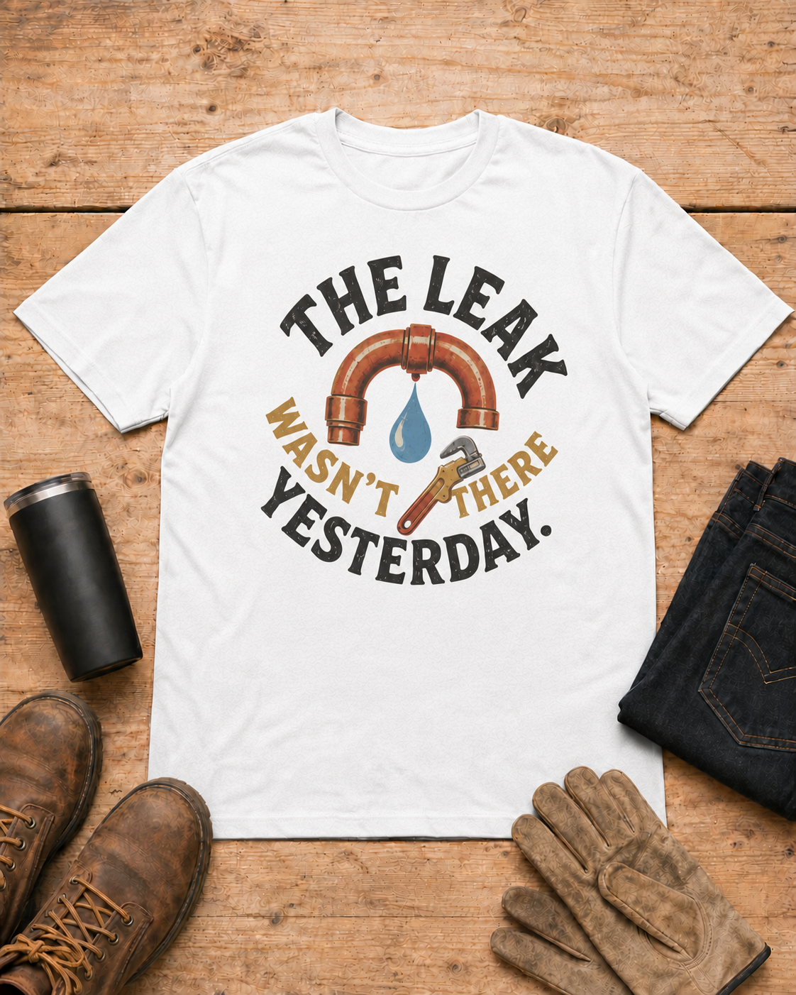 The Leak Wasn't There Yesterday Plumber T-shirt in White workbench flat lay
