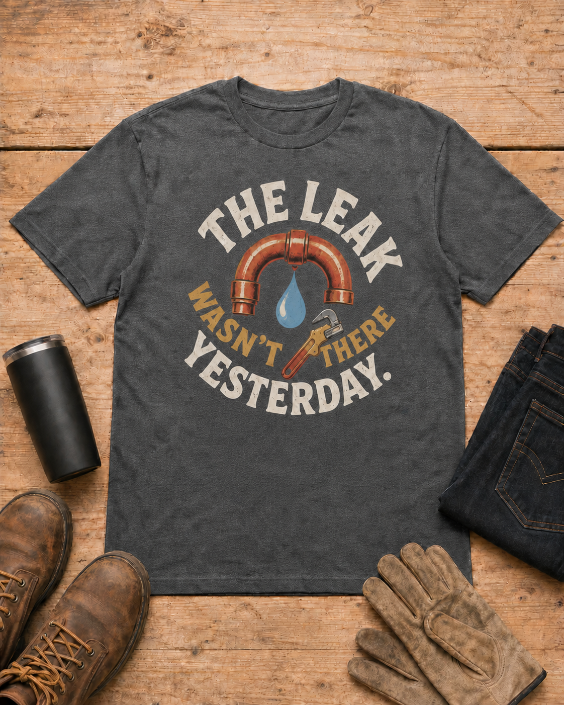 The Leak Wasn't There Yesterday Plumber T-shirt in Dark Heather workbench flat lay
