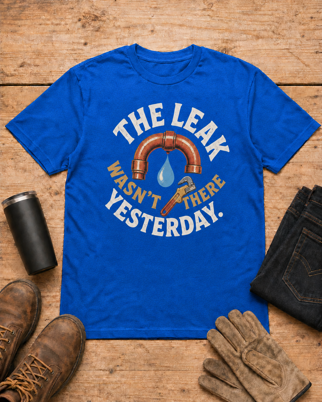 The Leak Wasn't There Yesterday Plumber T-shirt in Royal Blue workbench flat lay