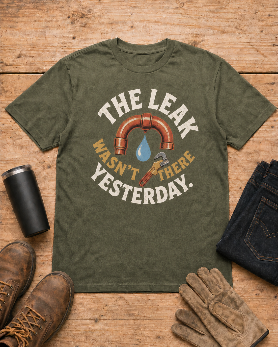 The Leak Wasn't There Yesterday Plumber T-shirt in Military Green workbench flat lay