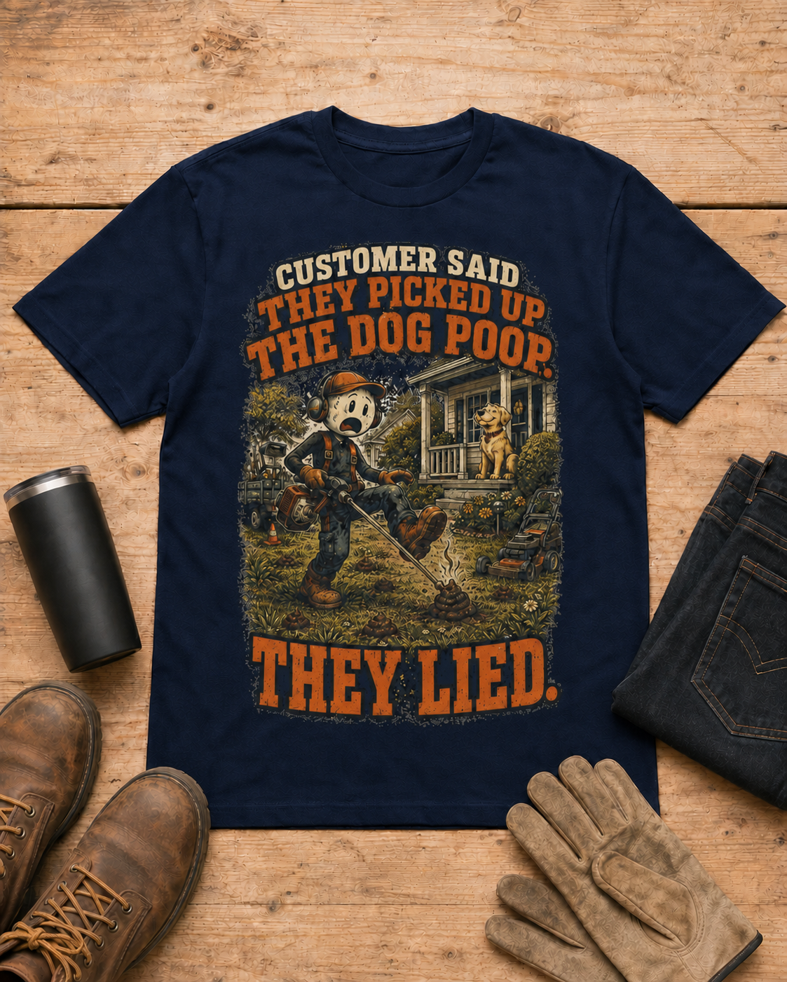 Customer Picked Up the Dog Poop Lawn Care Shirt in Navy workbench flat lay