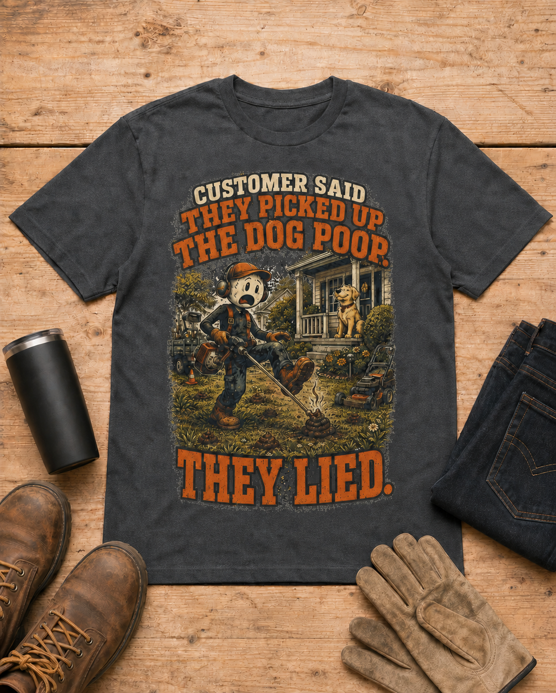 Customer Picked Up the Dog Poop Lawn Care Shirt in Dark Heather workbench flat lay