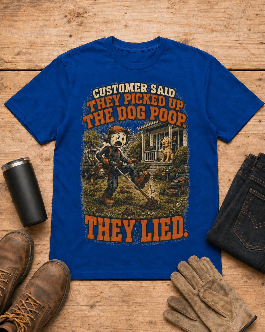 Customer Picked Up the Dog Poop Lawn Care Shirt in Royal Blue workbench flat lay