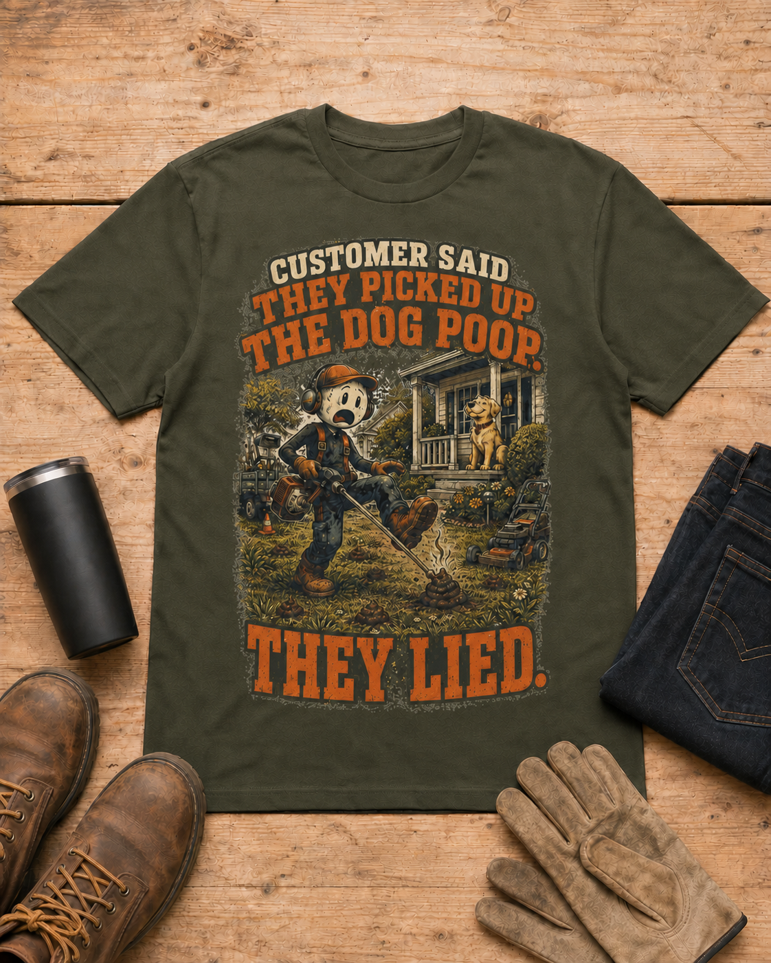 Customer Picked Up the Dog Poop Lawn Care Shirt in Military Green workbench flat lay