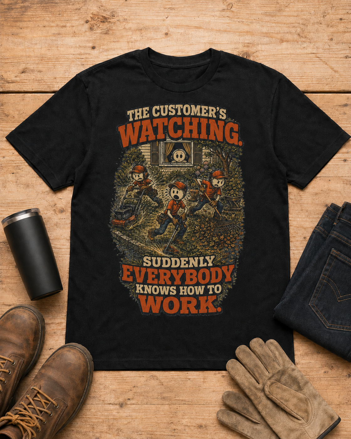 Customer Is Watching Lawn Care Crew Shirt in Black workbench flat lay
