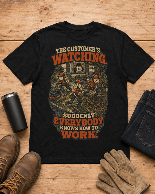 Customer Is Watching Lawn Care Crew Shirt in Black workbench flat lay