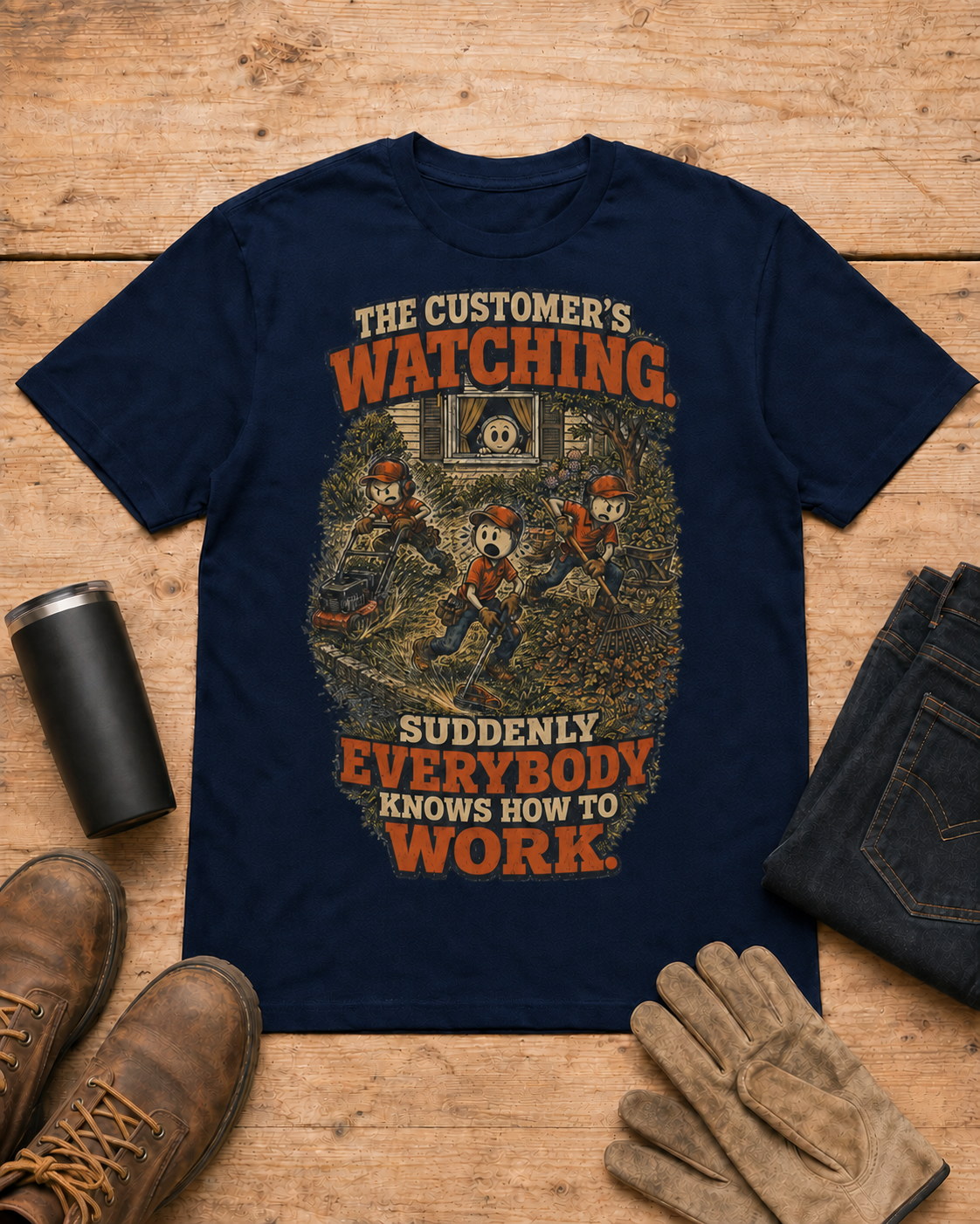 Customer Is Watching Lawn Care Crew Shirt in Navy workbench flat lay