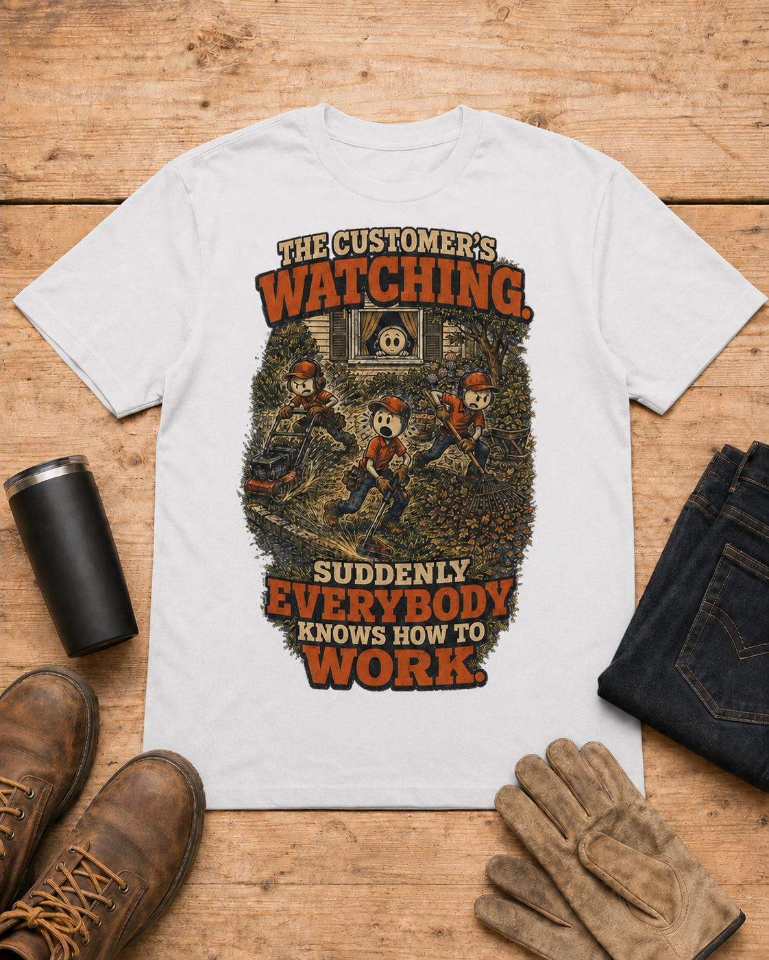 Customer Is Watching Lawn Care Crew Shirt in White workbench flat lay
