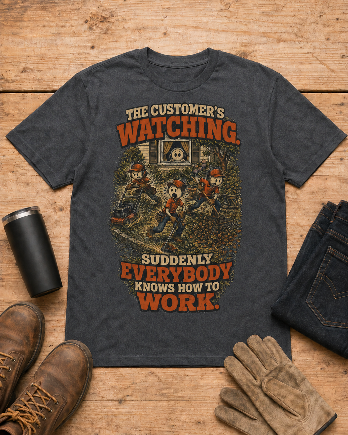 Customer Is Watching Lawn Care Crew Shirt in Dark Heather workbench flat lay