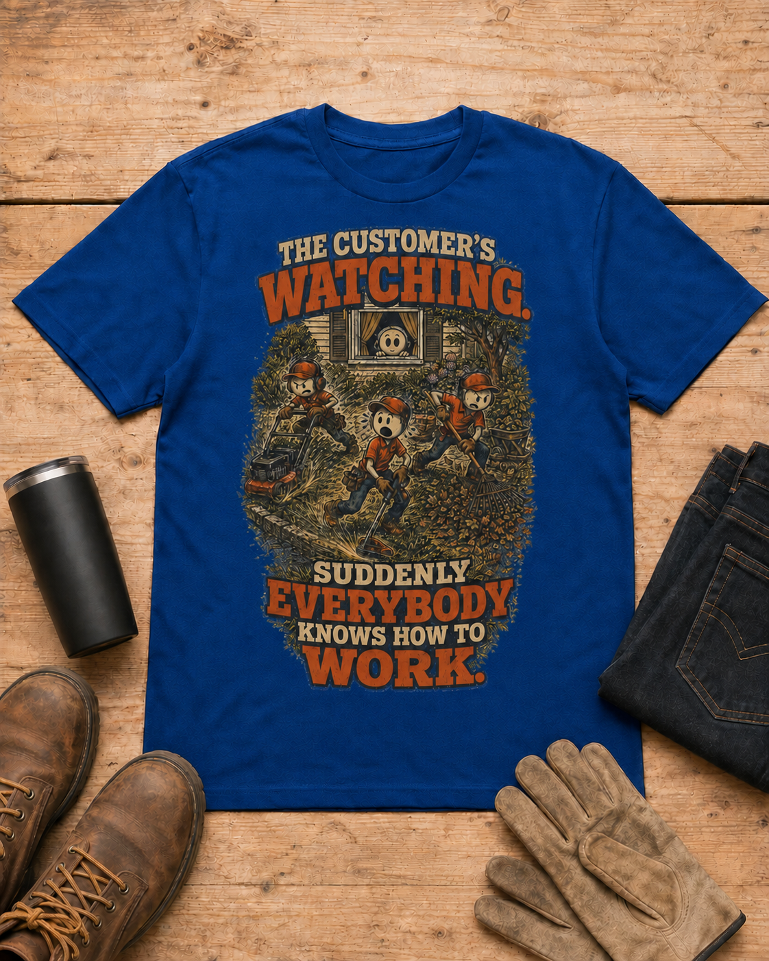 Customer Is Watching Lawn Care Crew Shirt in Royal Blue workbench flat lay