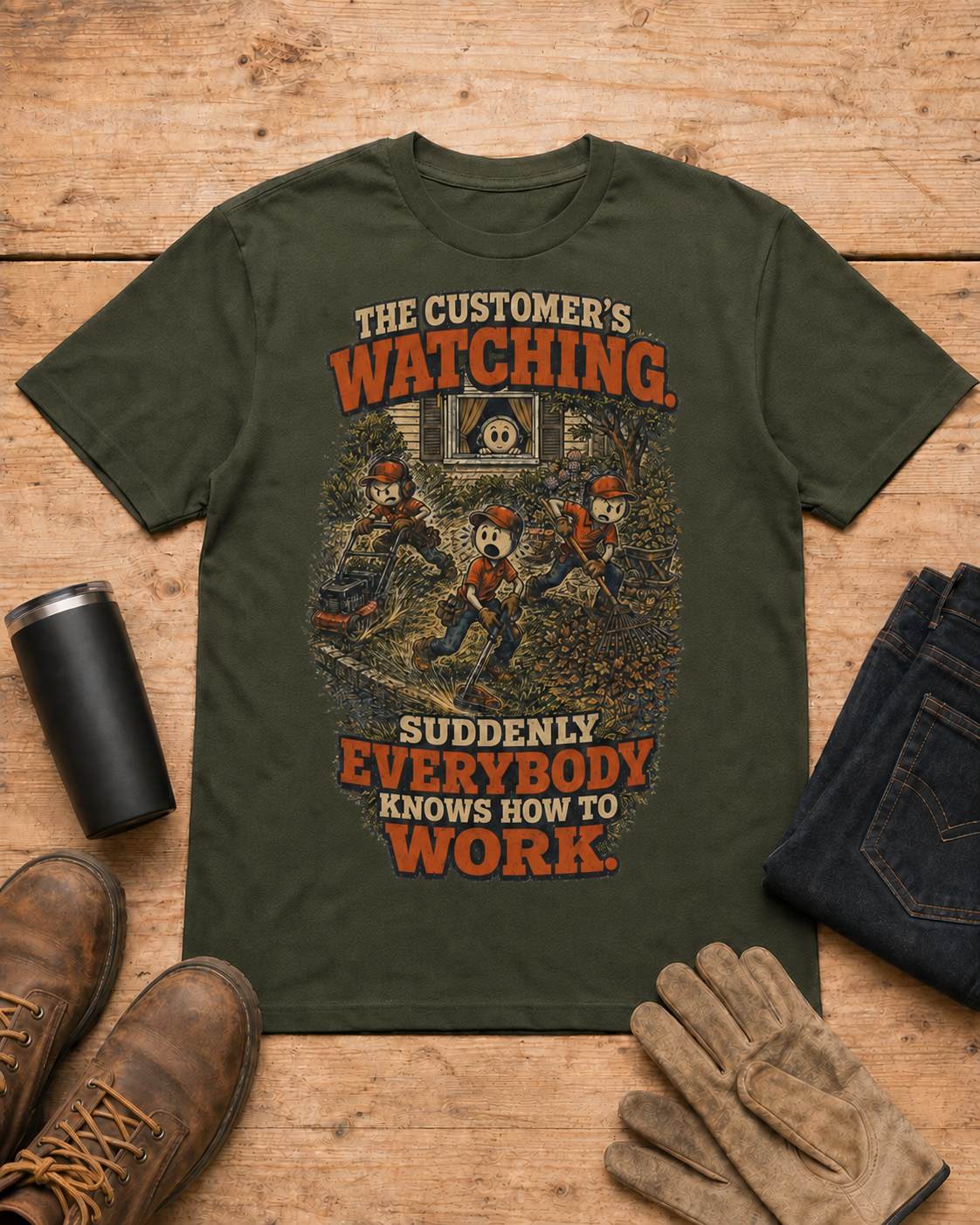 Customer Is Watching Lawn Care Crew Shirt in Military Green workbench flat lay